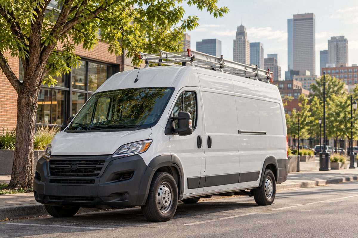 Drabento mobile service cargo van parked curbside for a scheduled Denver trade dispatch.